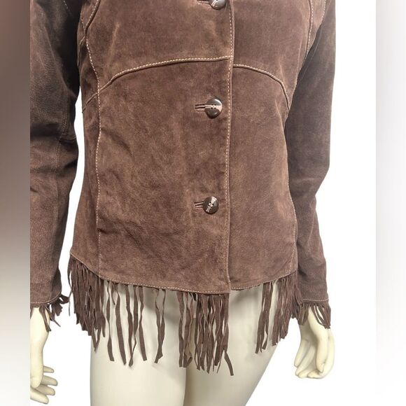 Vintage 100% Brown Leather Jacket Outbrook Fringe Button Up Western Coat Fall - Picture 2 of 9